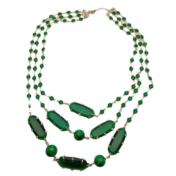 Y.YING 3 Rows Green Crystal Bezel Set Chain Green Cat Eye Cz set Jade Necklace 20\"