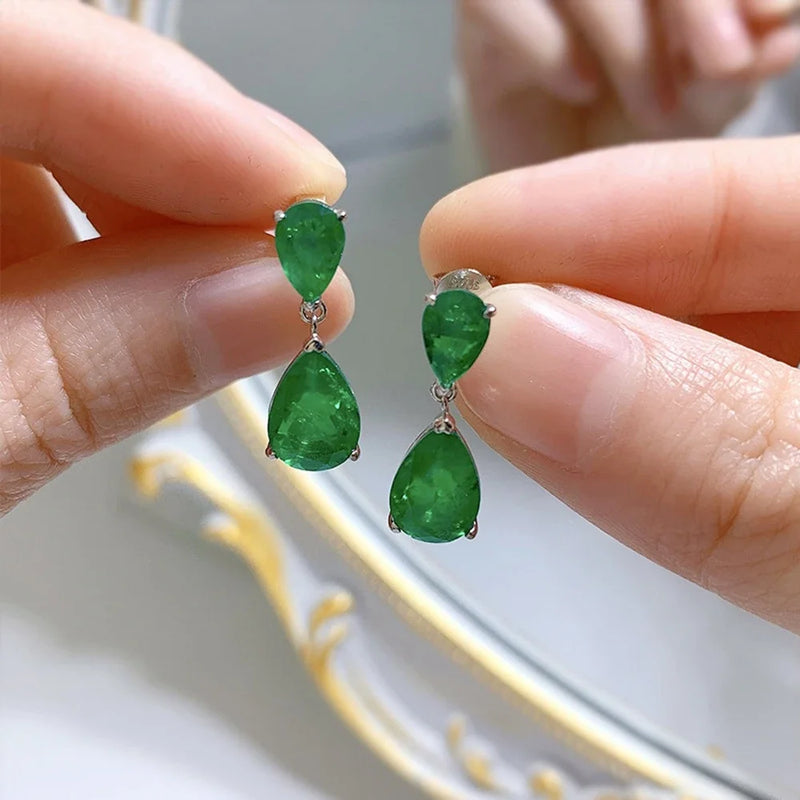 925 Sterling Silver Pear Cut Emerald Dangle Drop Earrings for Women