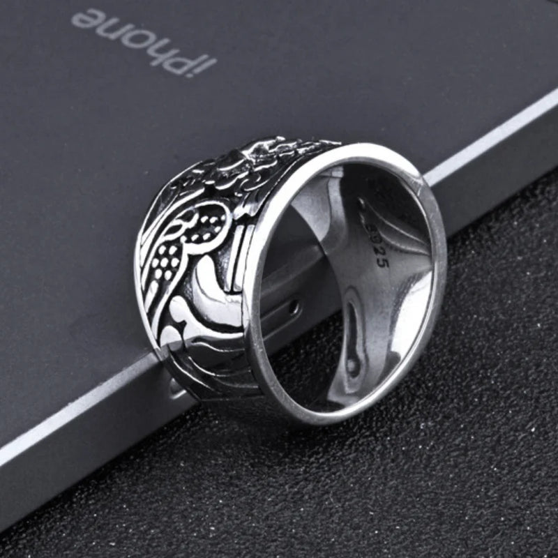 Sterling Silver Carved Flower Wide Ring Band for Men