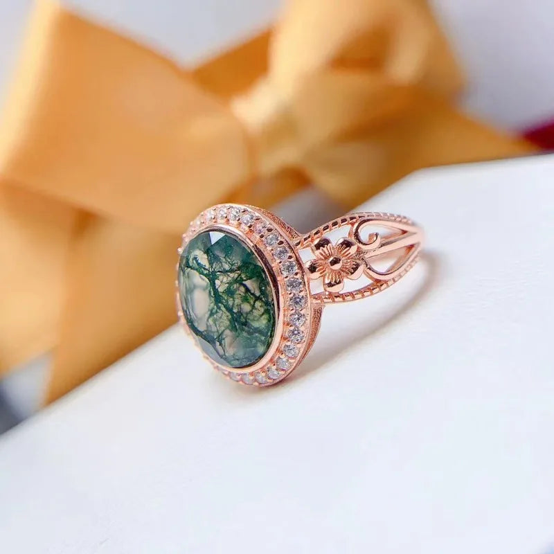 925 Sterling Silver Gold Plated Moss Agate Ring for Women