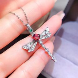 Sterling Silver 5mm Ruby Dragonfly Pendant Necklace for Women