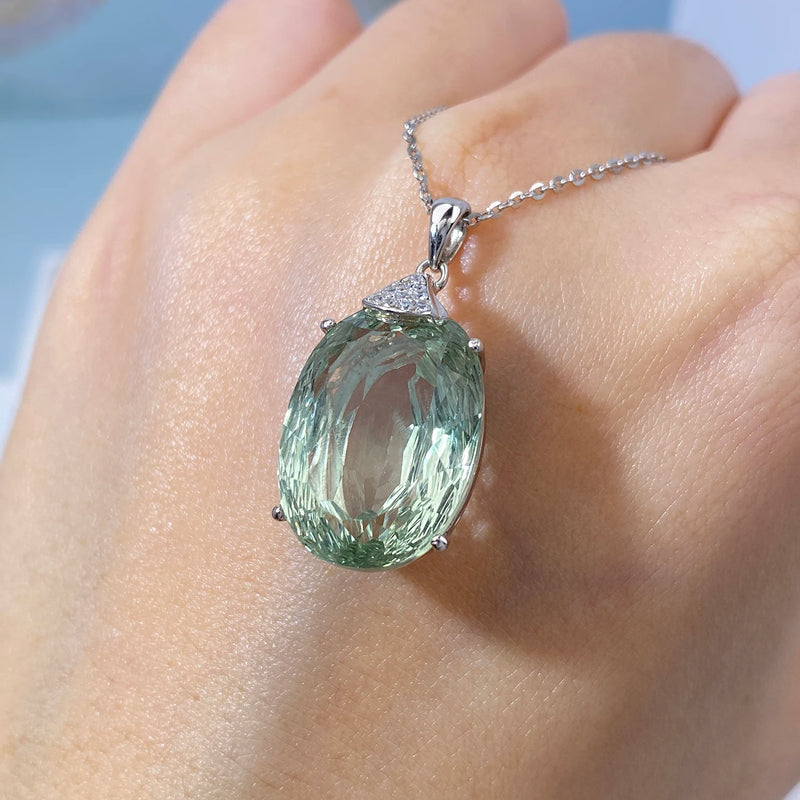 925 Sterling Silver Natural Green Crystal Oval Pendant for Women