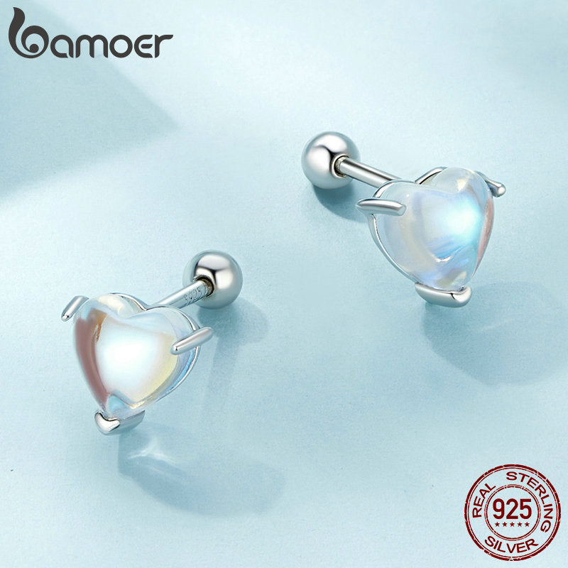 Sterling Silver Heart Moonstone Stud Earrings for Women