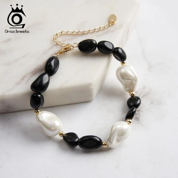 Sterling Silver Obsidian and Shell Pearl Bracelet for Women