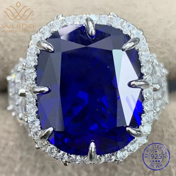 925 Sterling Silver Lab Sapphire High Carbon Diamonds Wedding Engagement Cocktail Ring