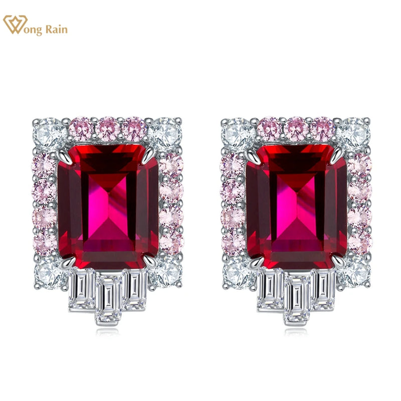 Sterling Silver Emerald Cut 8 ctw Ruby & Diamond Stud Earrings for Women