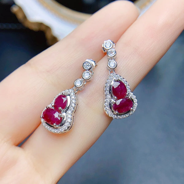 Sterling Silver Natural Ruby Gourd Earrings for Women