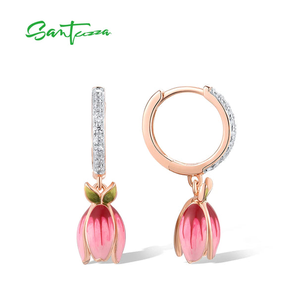 Sterling Silver Drop Earrings with White CZ Enamel Tulip Flower for Women