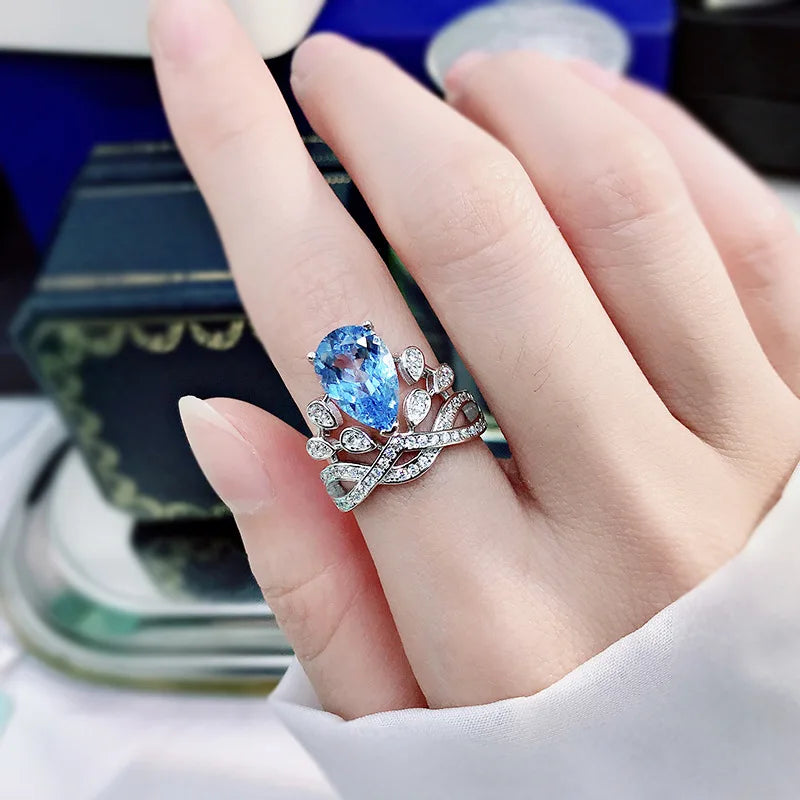 Sterling Silver Blue Topaz Crown Ring for Women