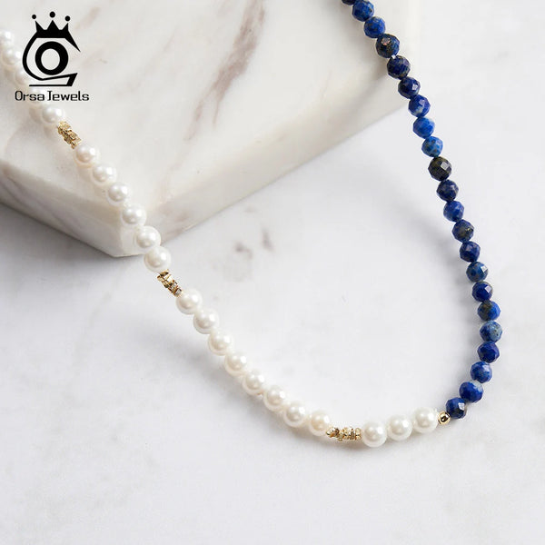 S925 Silver Lapis Lazuli Beads and Shell Pearl Necklace for Women