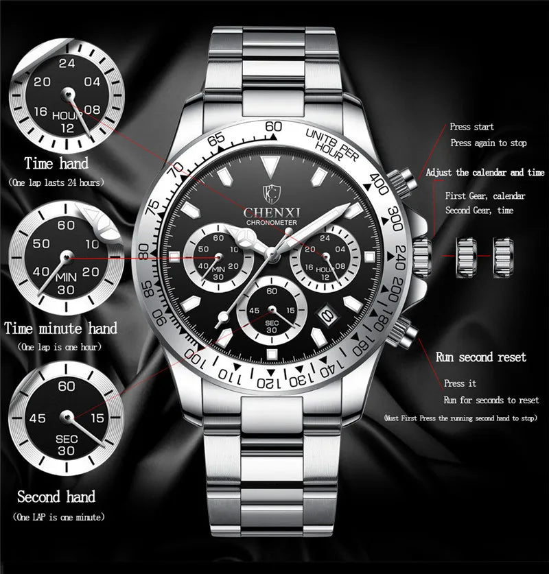 Stainless Steel Chronograph Sport Watch for Men