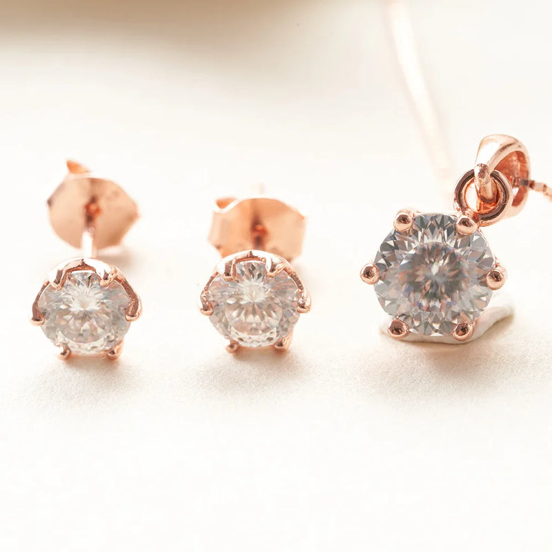 Sterling Silver Rose Gold Plated Moissanite Necklace Earrings Ring Set for Women