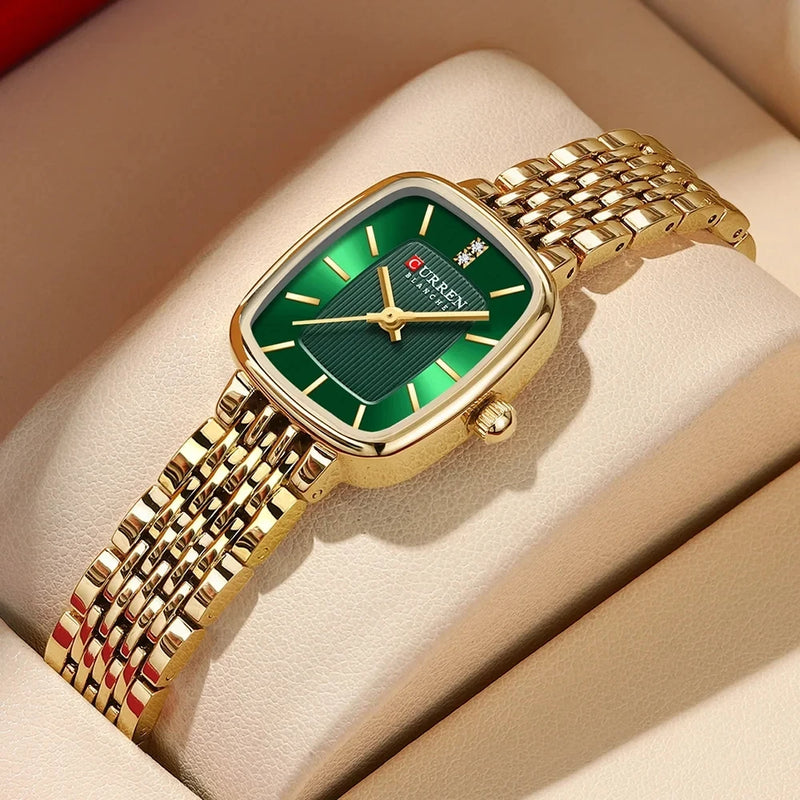 Gold Rectangular Dial Quartz Watch Bracelet for Lady