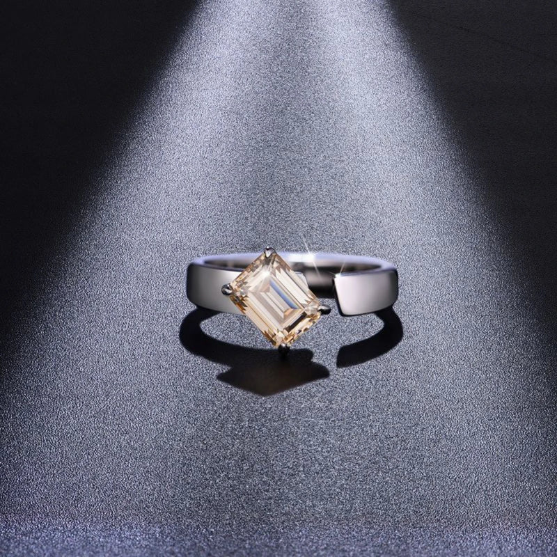 Sterling Silver Real Moissanite Emerald Cut Open Ring for Women