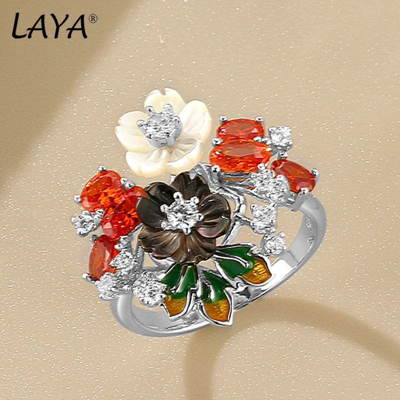 925 Sterling Silver White Black Flower Zircon Enamel Ring for Women