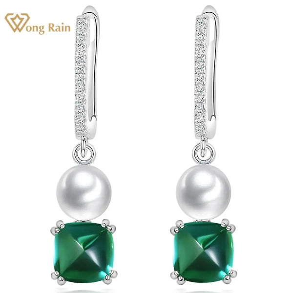 Wong Rain 925 Sterling Silver Sugar-loaf Cut 1.7CT Sapphire Ruby Emerald Pearl Gemstone Drop Dangle Earrings Fine Jewelry Gifts
