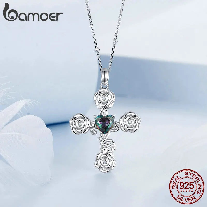 Sterling Silver Cross Pendant Necklace with Rose Pattern for Women