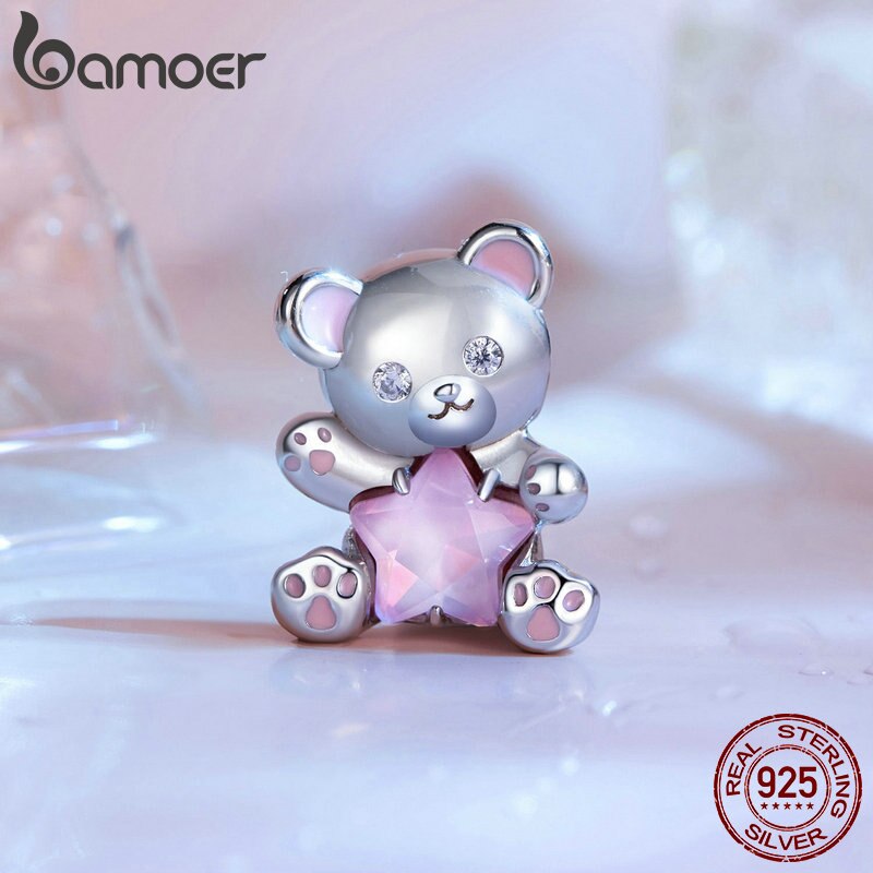 Sterling Silver Pink Star Bear Heart Charms Beads for Women Bracelet & Bangle