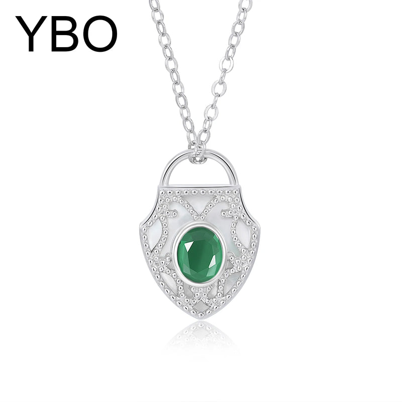 Sterling Silver Lock Shield Pendant with Green Emerald Inlay for Women