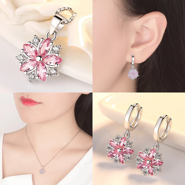 Sterling Silver Crystal Vintage Flower Pendant Necklace Earrings Set for Women