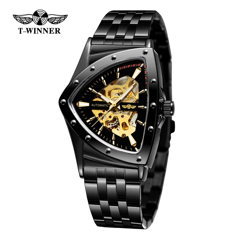 Golden Stainless Steel Skeleton Wrist Watch for Men