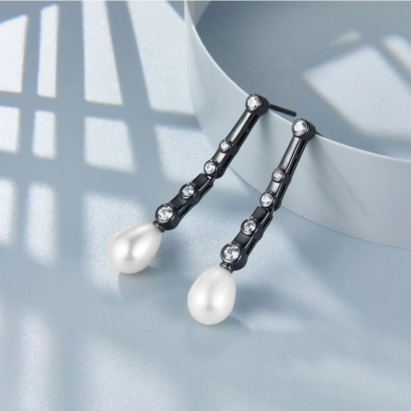 Sterling Silver Black Gold Plated Freshwater Pearl Dangle Earrings for Women