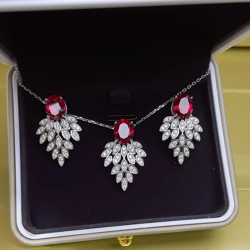 Sterling Silver Simulated Ruby and Diamond Earrings and Necklace Set for Women