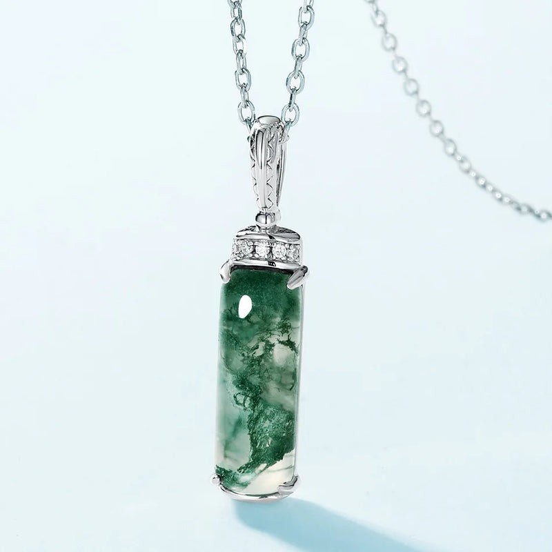 925 Sterling Silver Moss Agate Pendant Necklace with 1x Stones for Women