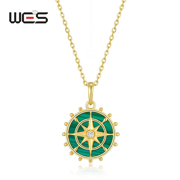 Sterling Silver Rudder Shape Malachite Disc Pendant Necklace for Woman