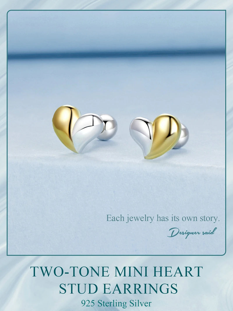 925 Sterling Silver Two-tone Mini Heart Stud Earrings for Women