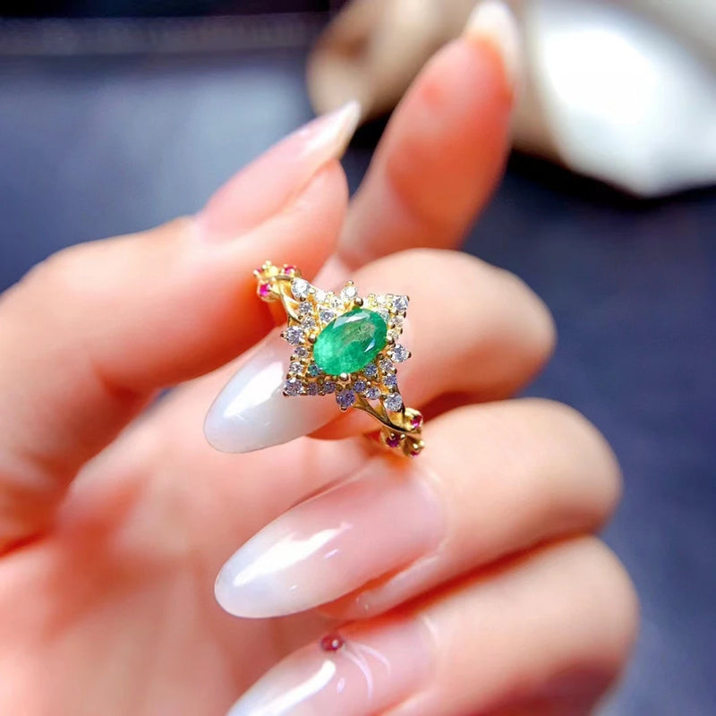 925 Sterling Silver Natural Emerald Ring for Women