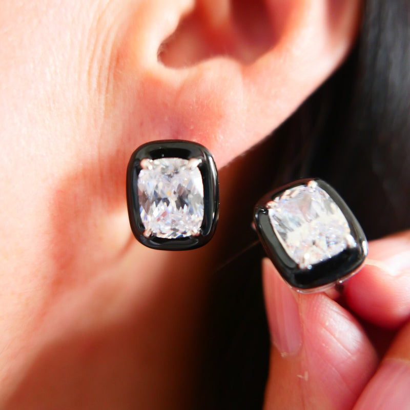 925 Sterling Silver Cushion Cut White Diamond and Black Enamel Clip Earrings for Women