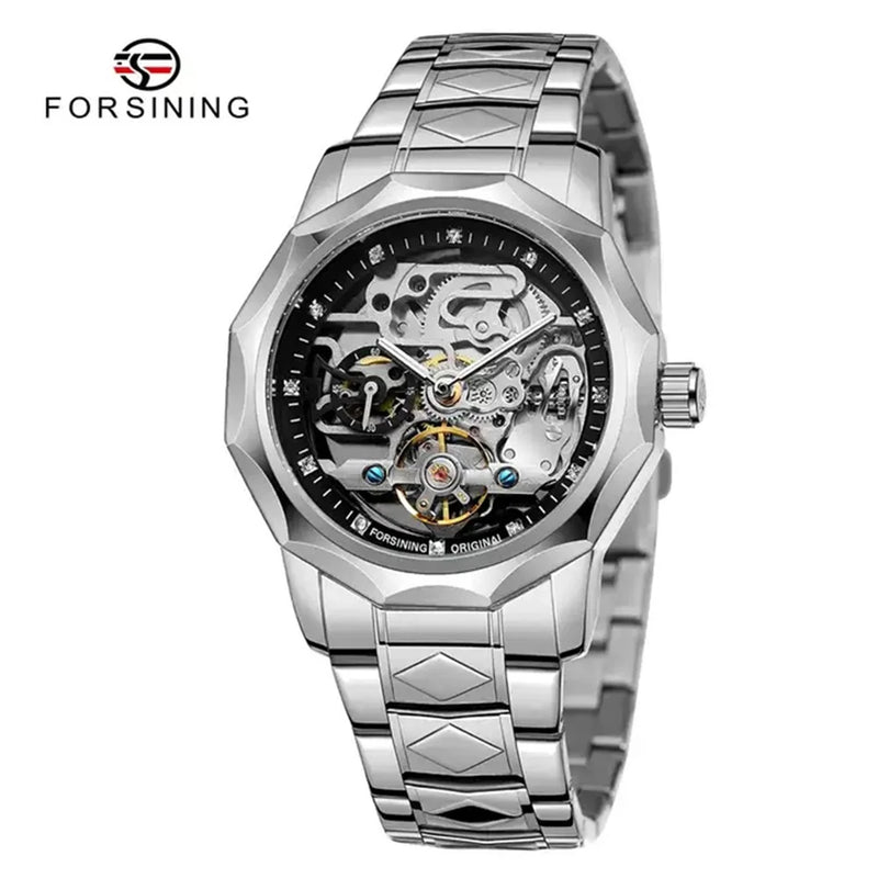 Stainless Steel Skeleton Transparent Automatic Mechanical Watch for Men