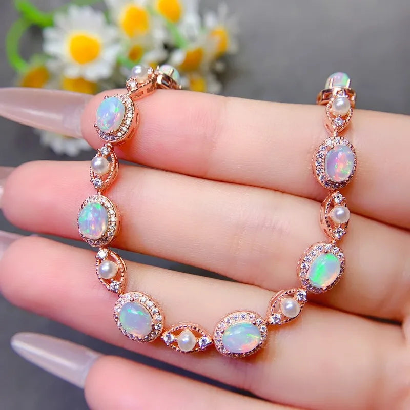 S925 Silver Natural Opal Bracelet, Simple Retro, for Women