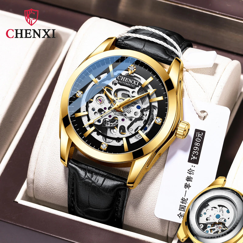 Stainless Steel Leather Strap Automatic Skeleton Luminous Waterproof Watch for Men