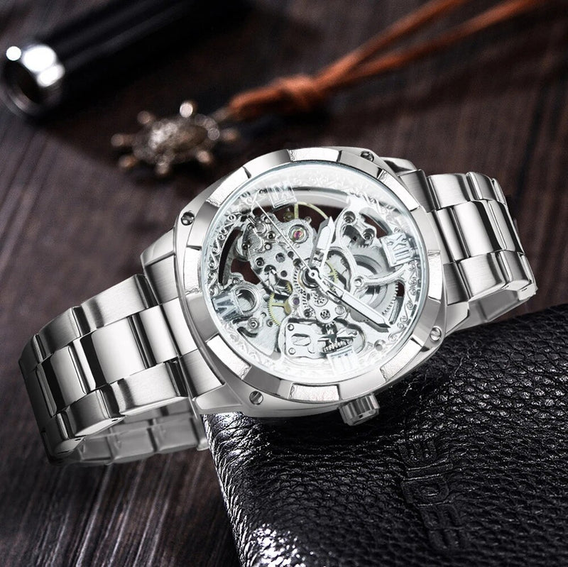 Stainless Steel Automatic Skeleton Mechanical Luminous Hands Watch for Men