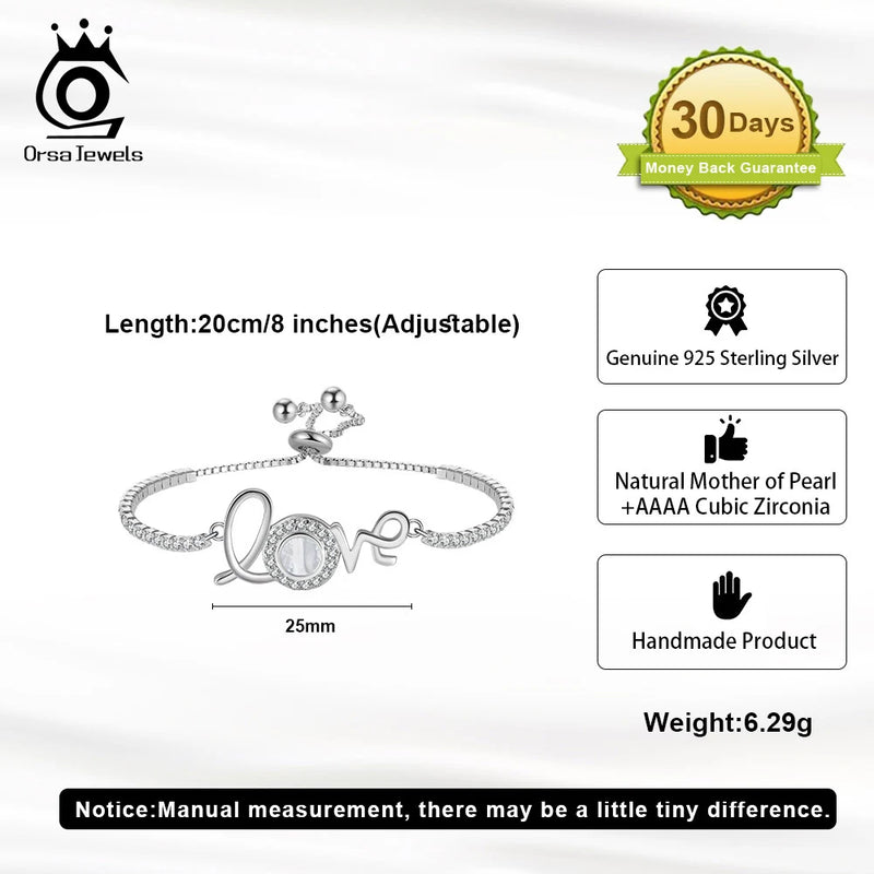 925 Sterling Silver Mother of Pearl Love Chain Bracelet for Women