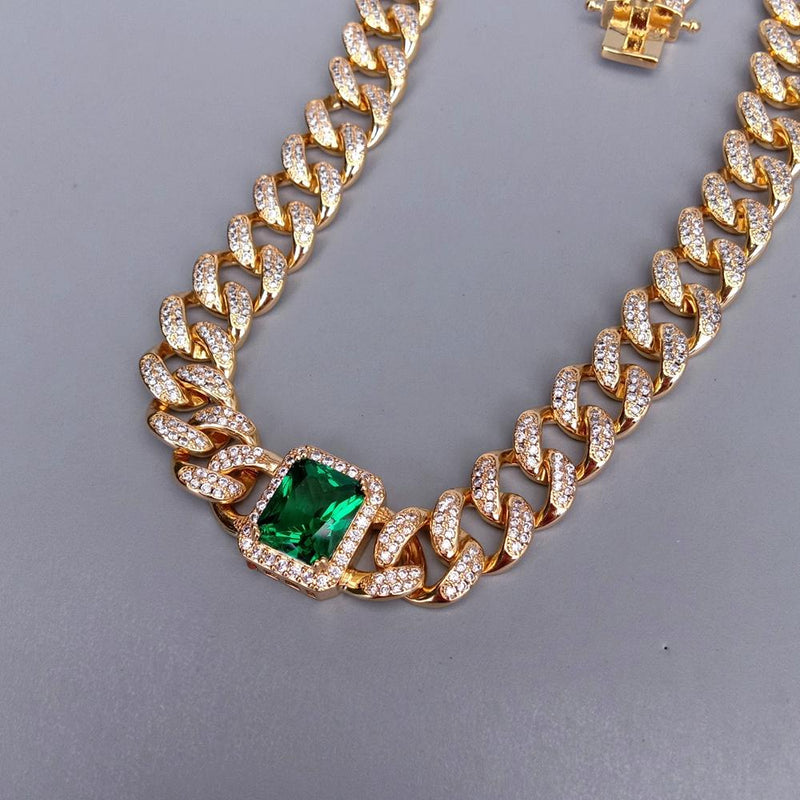 Y.YING 18k Gold Plated Vintage Green Cz Charm CubanChain Choker Necklaces
