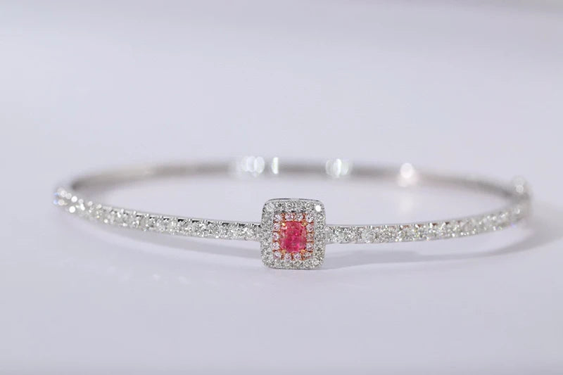 18K White Gold Bangle with Pink Diamond, Geometric Design for Women