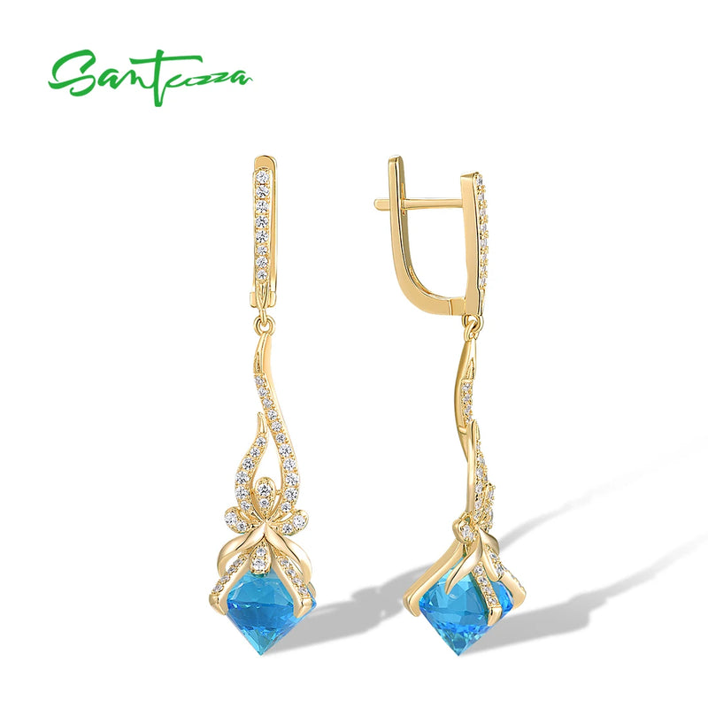 Sterling Silver White CZ Blue Stone Dangling Earrings For Women