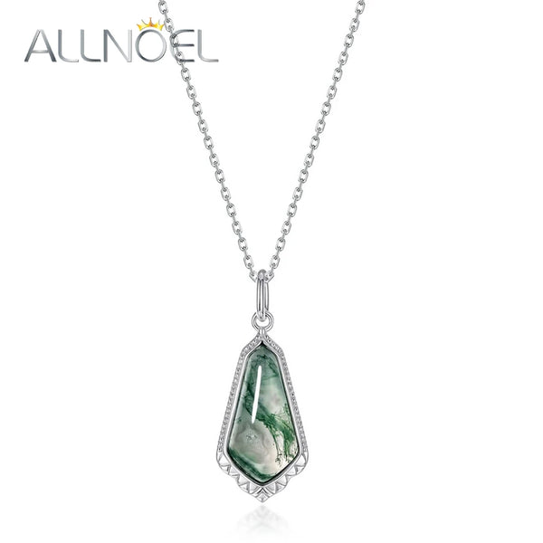 925 Sterling Silver Moss Agate Pendant Necklace for Women