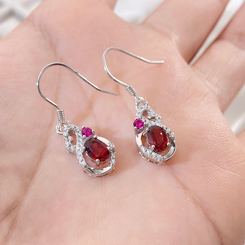 925 Sterling Silver Red Garnet Geometric Dangling Earrings for Women