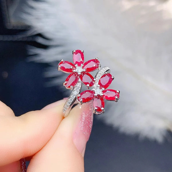 925 Sterling Silver Natural Ruby Double Flower Ring for Women