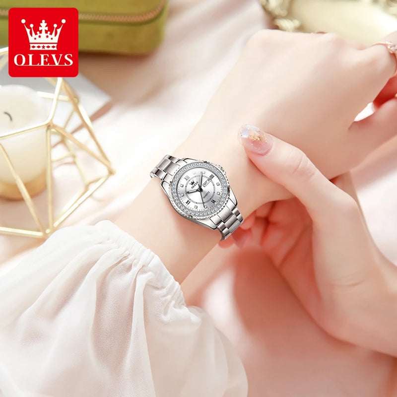 OLEVS Women's Watches Young Girl Fashion Elegant Original Quartz Famale Wristwatch Drill Ring Dial Date Week Waterproof Luminous