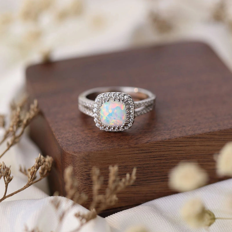 Sterling Silver Cushion-Cut Opal Ring for Woman