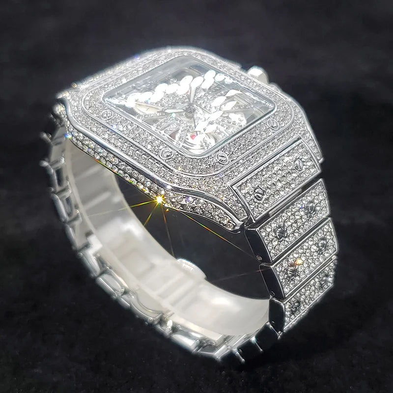 Classic Fashion Men Watches Luxury Diamond Stainless Steel Bracelet Quartz Wristwatch Man Business Casual Square Skeleton Watch