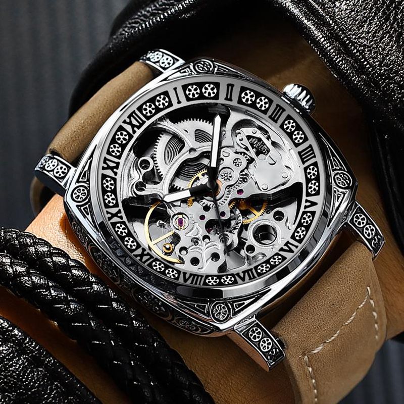 Stainless Steel Square Transparent Skeleton Mechanical Watch for Men