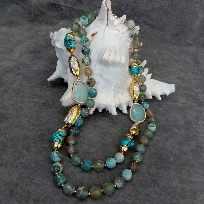 Y.YING 2 Rows Green Agate Blue Turquoise Crystal White Biwa Pearl Necklace Women Jewelry