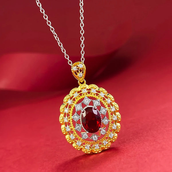 Wong Rain 18K Gold Plated 925 Sterling Silver 6*8 MM Oval Ruby High Carbon Diamond Gemstone Pendant Necklace for Women Jewelry
