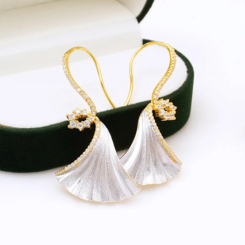 925 Sterling Silver Gold Plated Brushed Ginkgo Leaf Earrings for Women